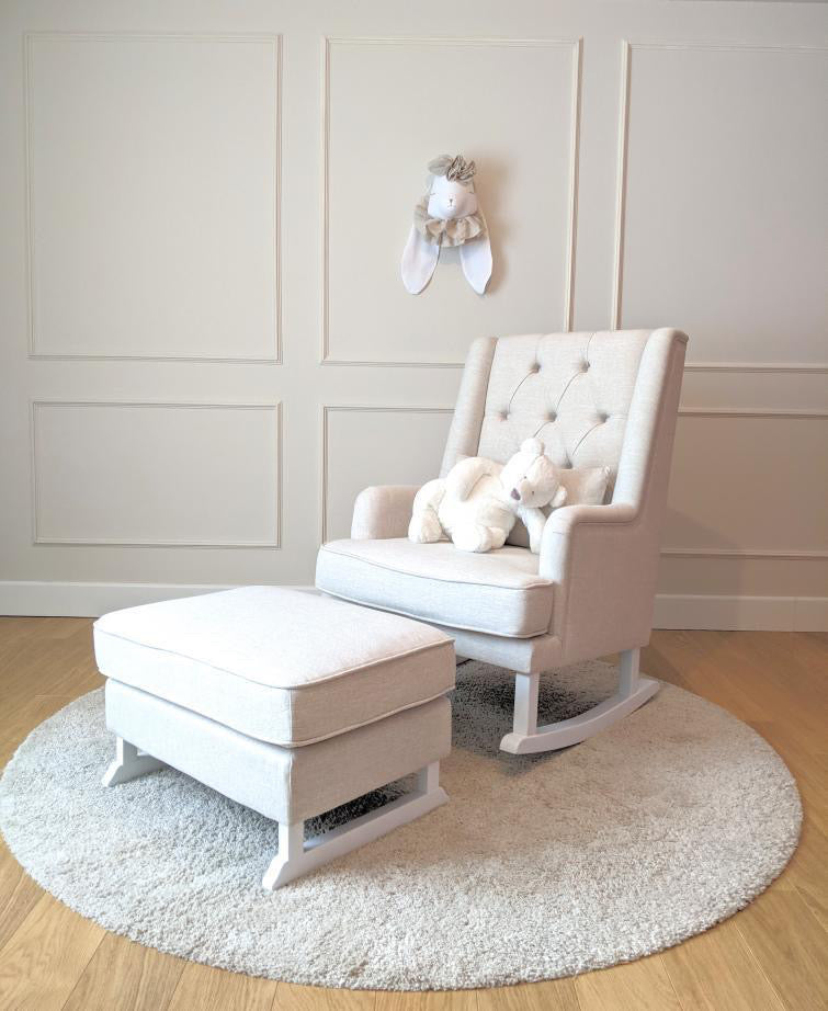 The BLISS Rocking Chair AND FOOTSTOOL by the luxury nursery company- LINEN Beige with white Wooden Legs
