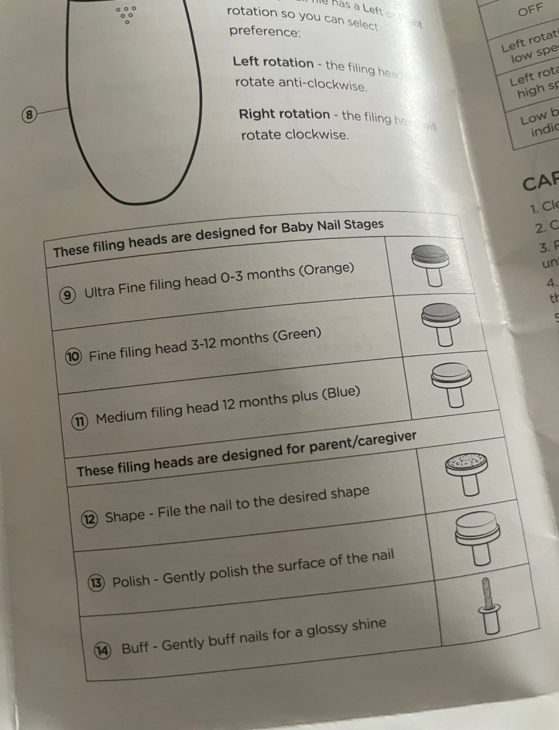 Instruction manual for Tommie Tippee Electric Nail File detailing optimum use of file heads